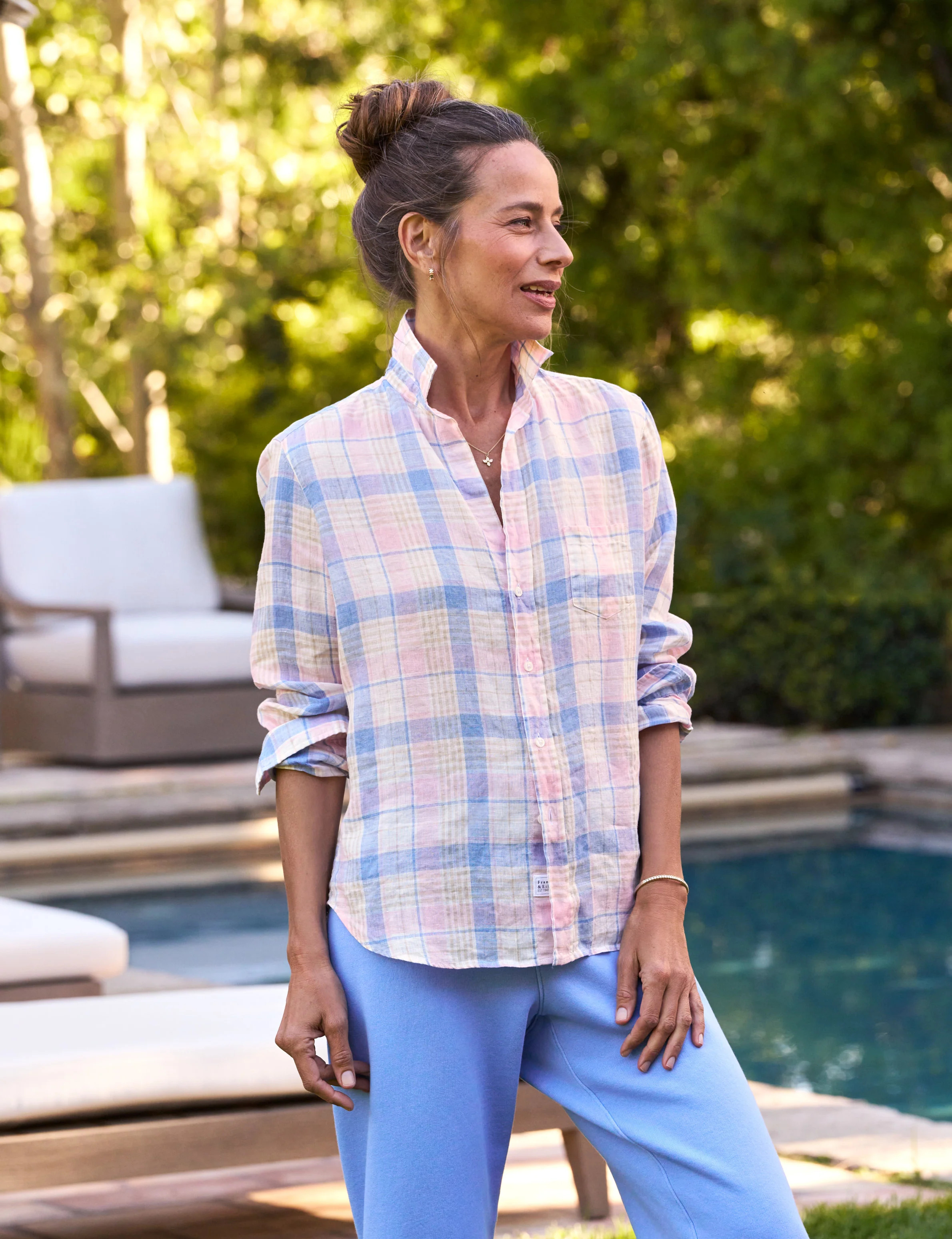 EILEEN Pink and Sand Blue Plaid, Italian Classic Linen | Frank & Eileen