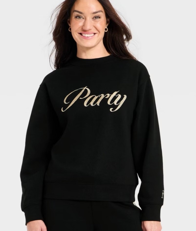 Black womens sweatshirt crew neck with party embroidered on the front. The sleeve even has champagne glasses embroidered on it! Cute new chill New Year’s Eve outfit or birthday party

#LTKHoliday #LTKGiftGuide #LTKFindsUnder50