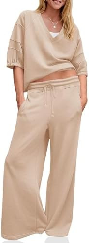 Fisoew Womens 2 Piece Outfits Casual V Neck Shirts Wide Leg Running Long Pants Loose Workout Trac... | Amazon (US)