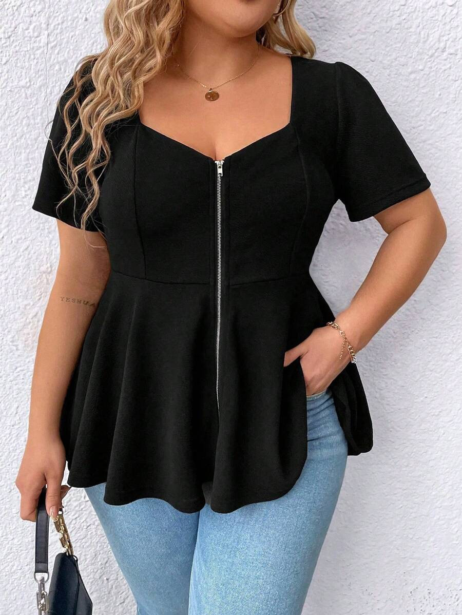 SHEIN Clasi Wave Hem Zip-Up Square Neck Short Sleeve Casual Elegant Plus Size Women Blouse | SHEIN