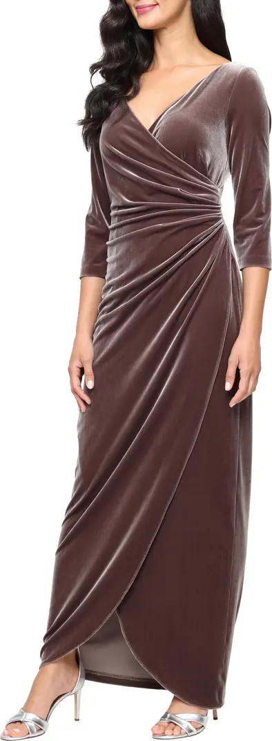 Ruched Three-Quarter Sleeve Velvet Gown | Nordstrom