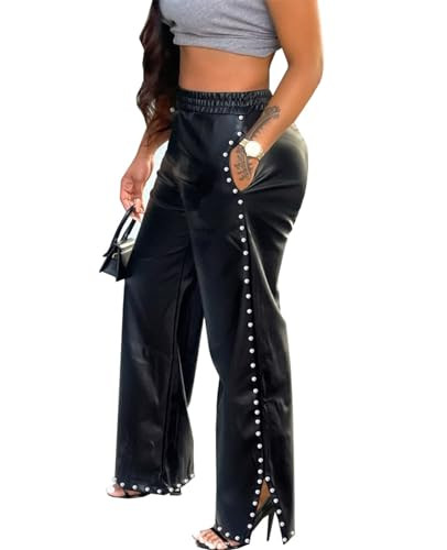 LifeShe Wide Leg Leather Pants for Women, Womens Rivets Straight Baggy Faux Leather Pants with Po... | Amazon (US)