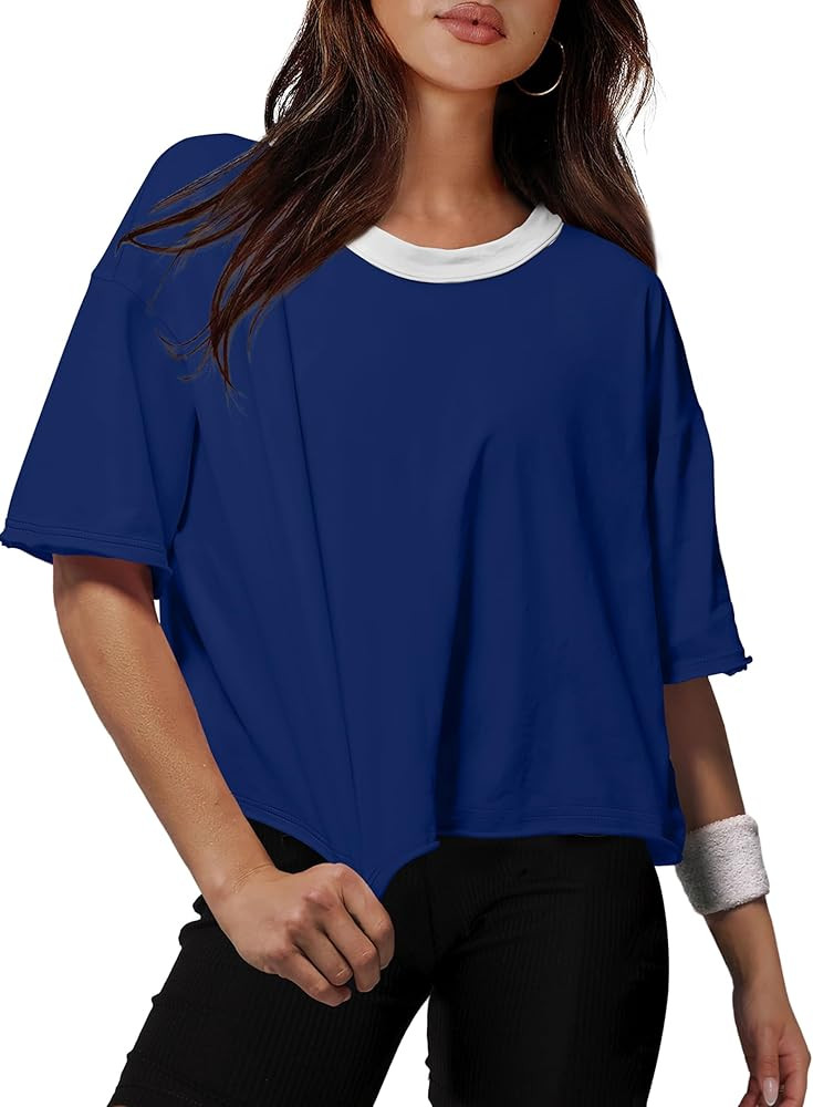 XIEERDUO Cotton Tshirts for Women Drop Shoulder Round Neck Oversized Crop Tops Workout Tops Tees | Amazon (US)