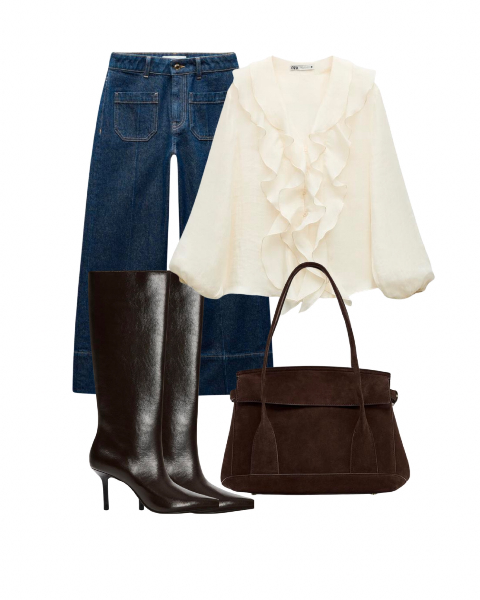Zara outfit! High waist cropped, ruffled shirt and chocolate suede bag

#LTKStyleTip #LTKU
