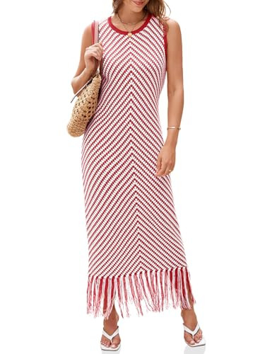 Wenrine Womens Summer Crochet Knit Dress Sleeveless Casual Striped Tassel Tank Sweater Boho Maxi ... | Amazon (US)