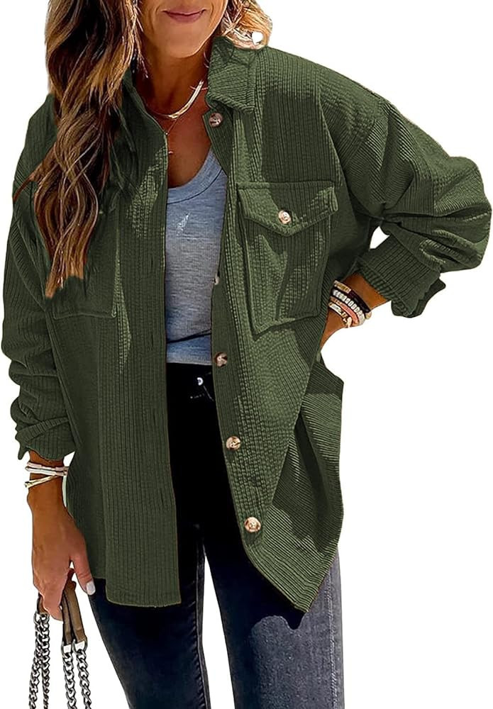 Beyove Women's Corduroy Shirt Long Sleeve Button Down Shacket Jacket Casual Oversized top with Po... | Amazon (US)