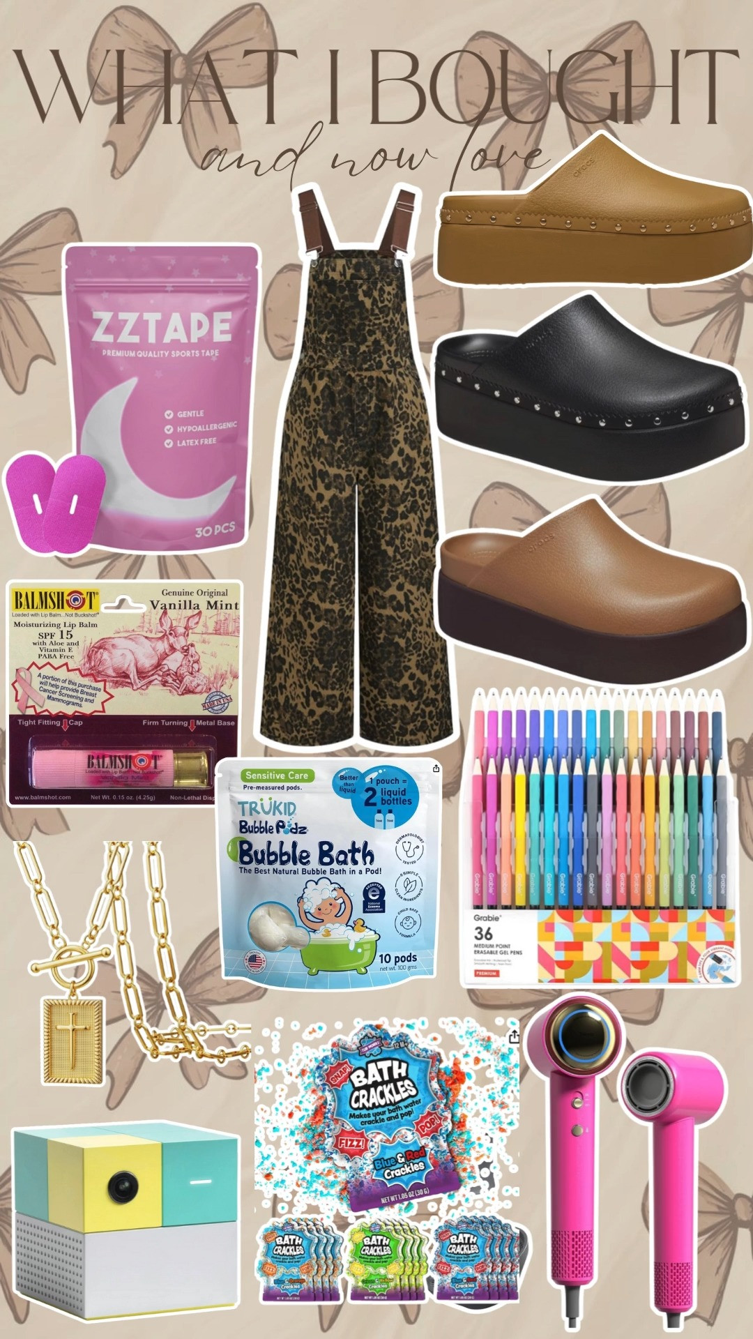 what I bought and love. crocs. clogs. overalls. leopard. mouth tape. bubble bath. eraseable pens. bath crackle. next playground. blowdryer.  

 #LTKSeasonal #LTKFindsUnder100 #LTKBeauty