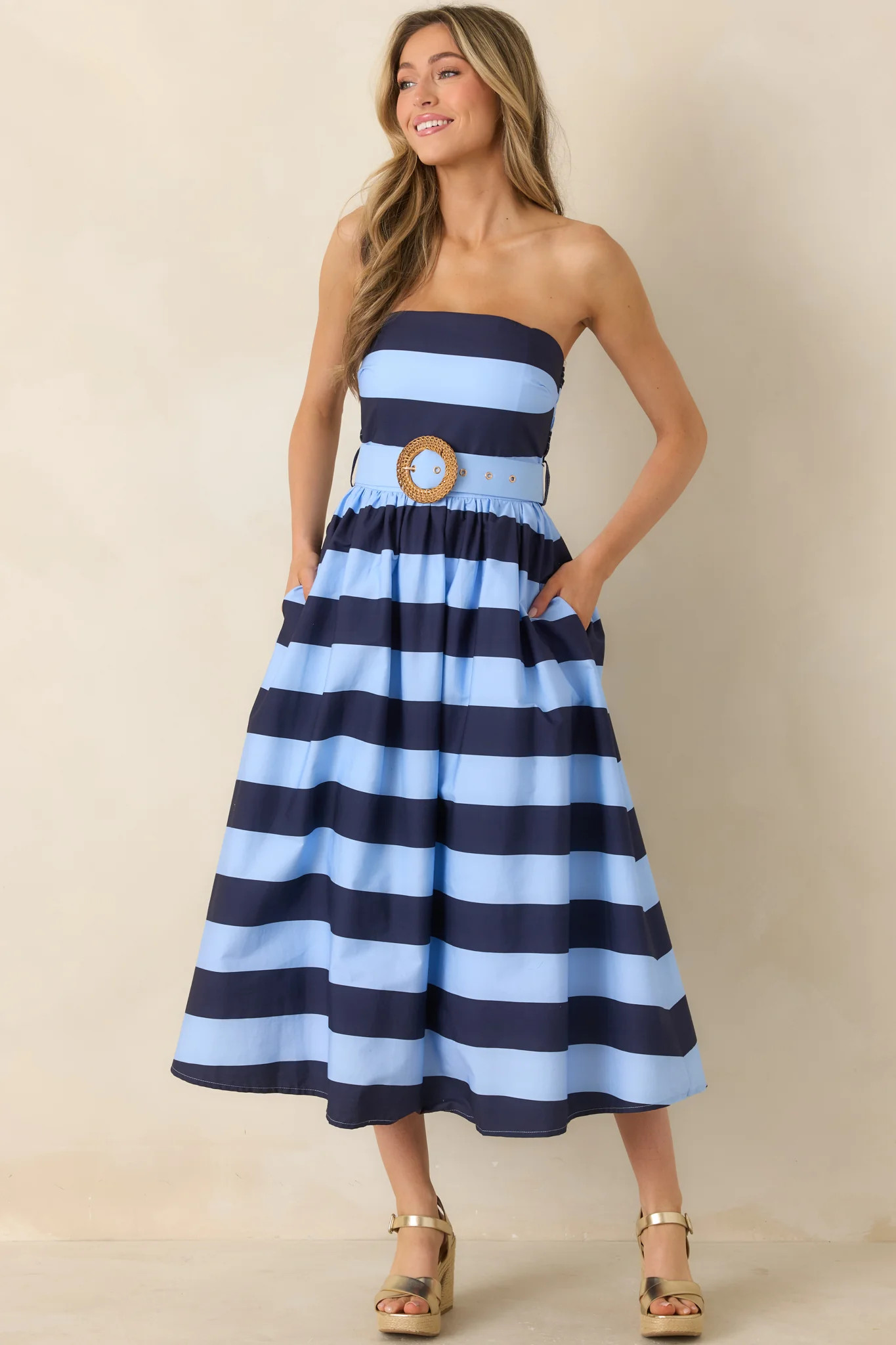 The Amanda Navy & Light Blue Stripe Cotton Strapless Midi Dress | Red Dress
