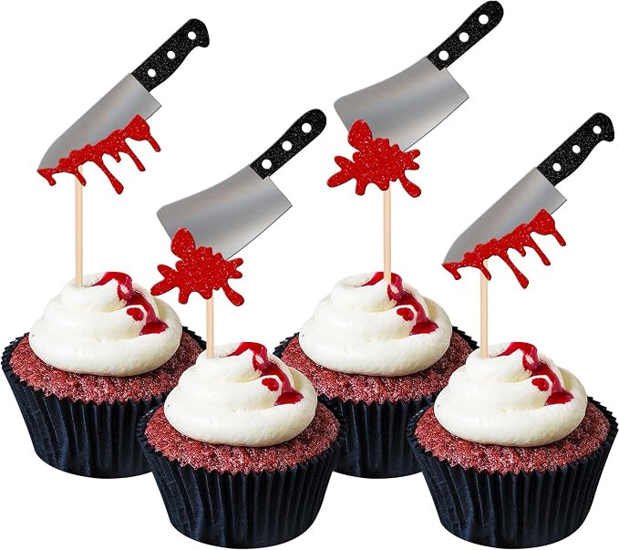 24 PCS Halloween Cupcake Toppers Glitter Horror Blood Knife Cupcake Picks Have a Killer Birthday ... | Amazon (US)