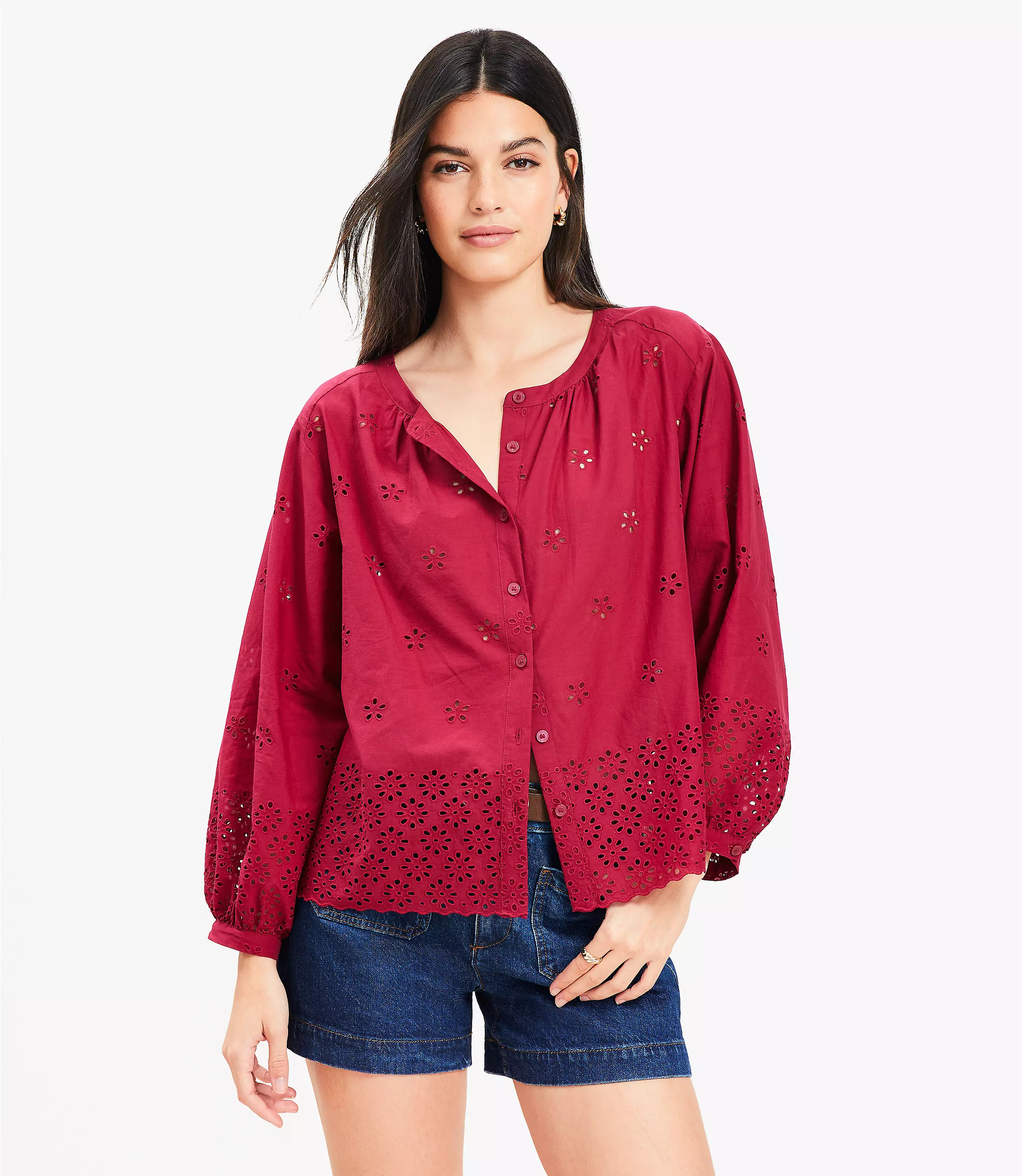 Eyelet Blouson Sleeve Blouse | LOFT