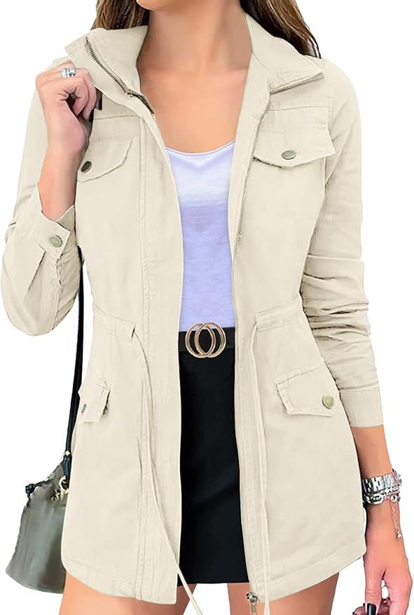 MEROKEETY Women's Long Sleeve Military Jacket Zip Up Utility Drawstring Waist Anorak Coat with Po... | Amazon (US)