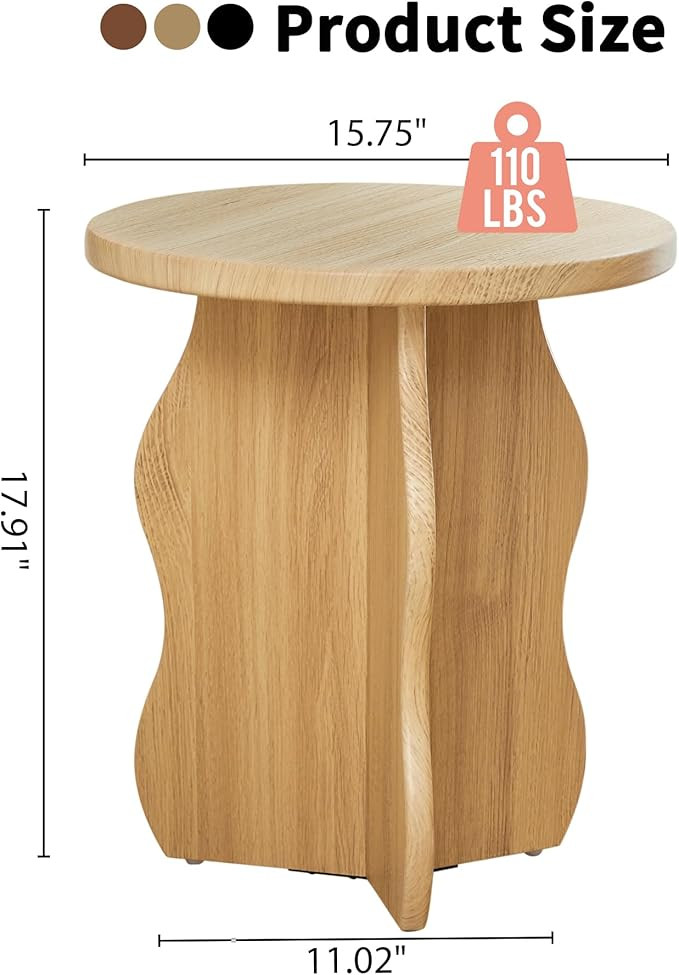 15.7"Dx17.9"H Small Round Wooden Side Table with 3 Wave Legs, Unique Drink Pedestal End Table for... | Amazon (US)