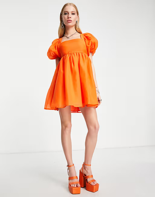 Amy Lynn mini organza smock dress with bow back and puff sleeves in orange | ASOS (Global)