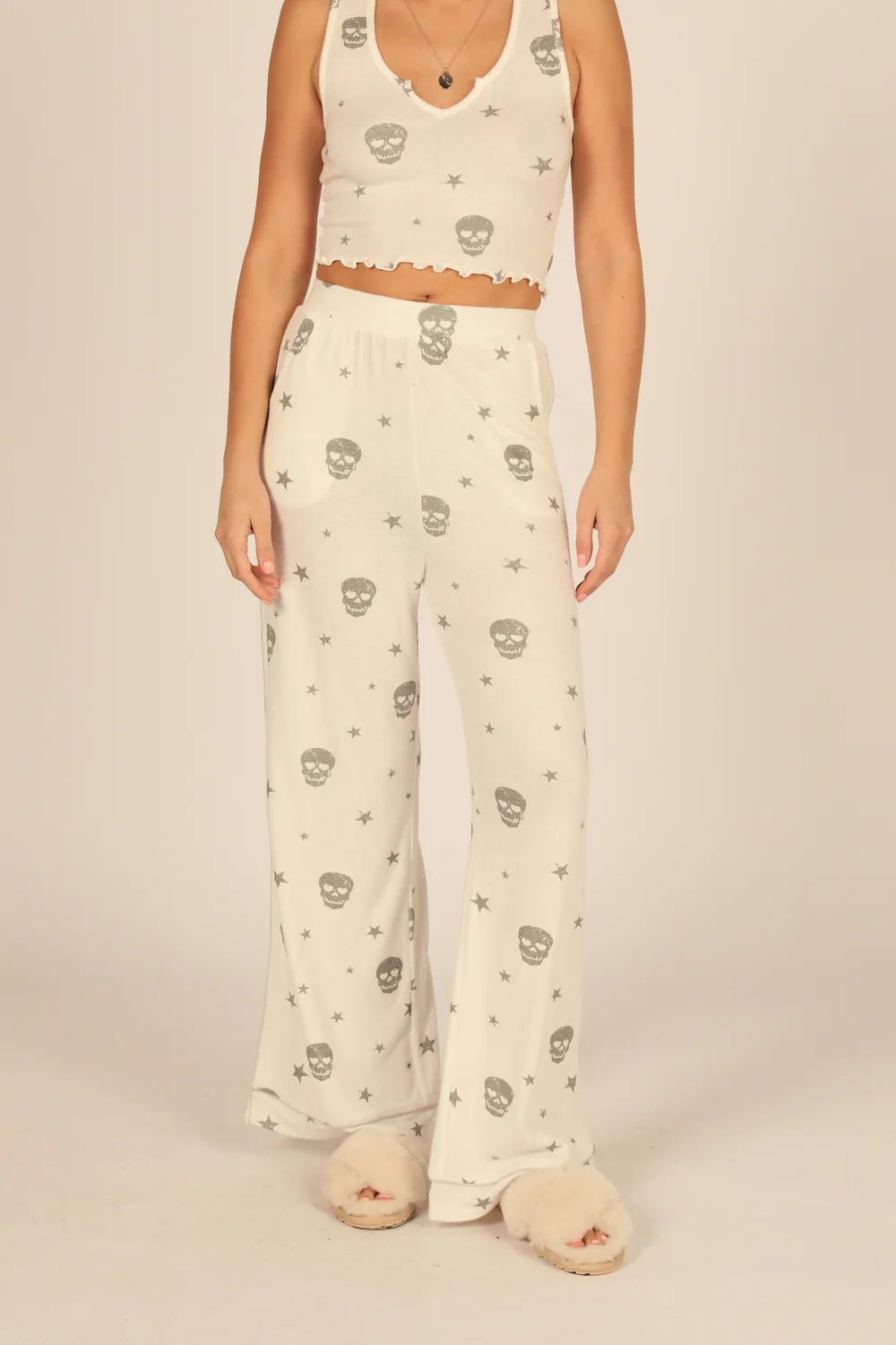 White & Grey Print Skull Wide Leg Pant | Vintage Havana