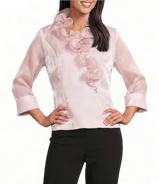 Yoryu Chiffon Ruffle V-Neck Illusion 3/4 Sleeve Blouse | Dillard's