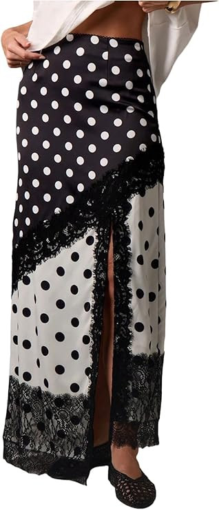 MakeMeChic Women's Lace Polka Dots Maxi Skirt High Waist Split Thigh Y2k Skirts | Amazon (US)