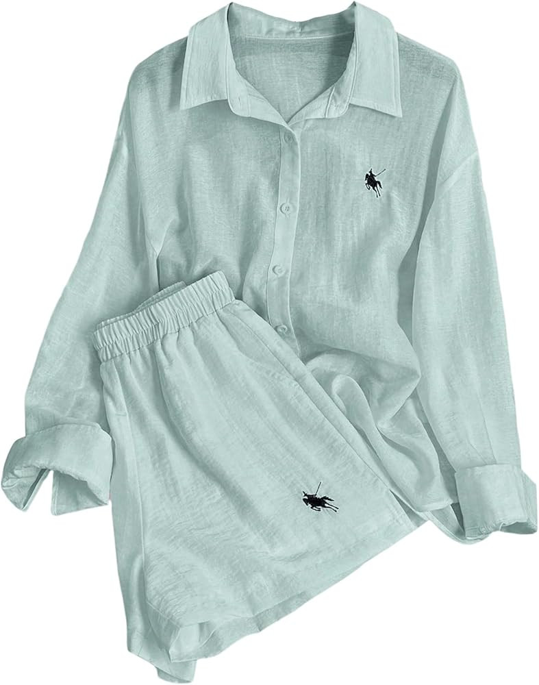 SweatyRocks Women's 2 Piece Outfits Button Down Shirts Lounge Linen Sets and Mini Shorts Pajama G... | Amazon (US)