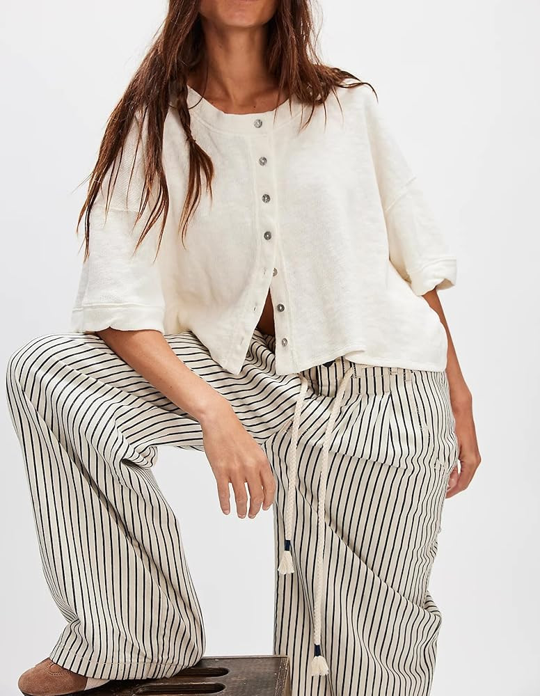 Womens Free Loose Fit Open Front Button Down People FP Dupes Tee Drop Shoulder 3/4 Half Wide Shor... | Amazon (US)