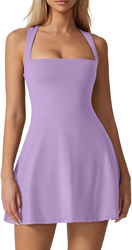 QINSEN Womens Square Neck Tennis Dress Sleeveless Built in Shorts Golf Athletic Dress with Pocket... | Amazon (US)