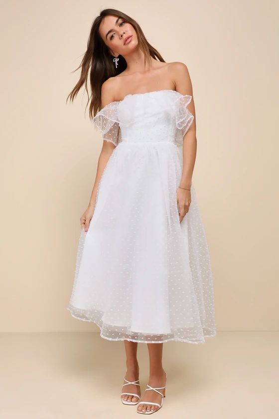 Blissful Ideal White Strapless Ruffled Swiss Dot Midi Dress | Lulus