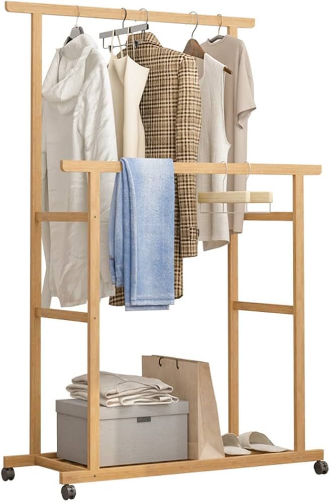 unho Bamboo Clothes Rail Rack: Double Hanging Rails Clothes Rack on Wheels Free Standing Garment ... | Amazon (UK)