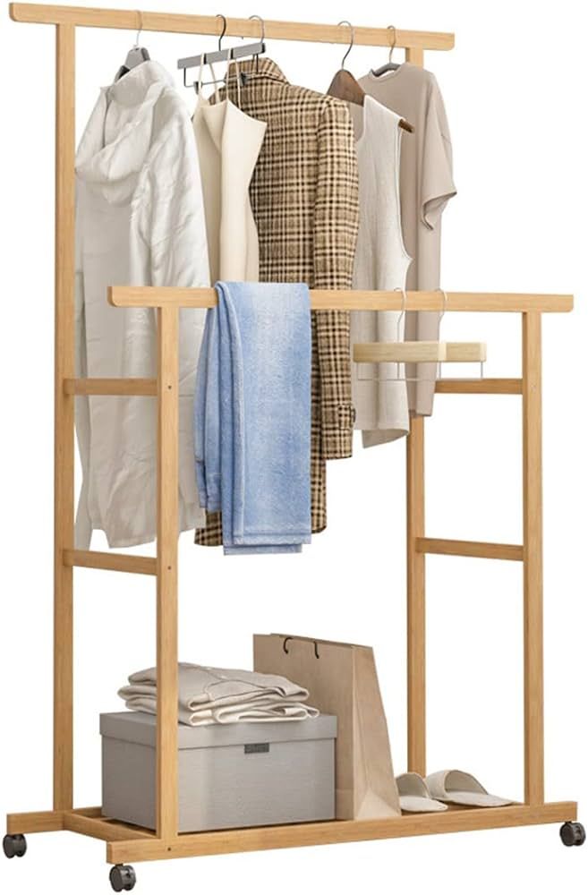 unho Bamboo Clothes Rail Rack: Double Hanging Rails Clothes Rack on Wheels Free Standing Garment ... | Amazon (UK)