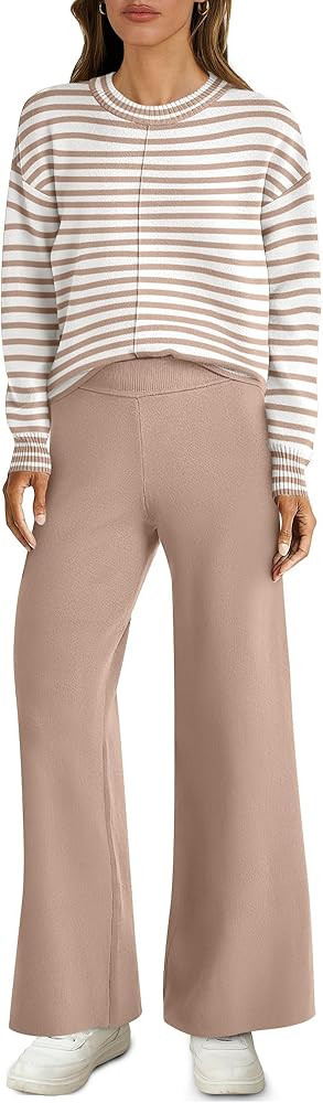 ANRABESS Womens Two Piece Outfits Lounge Sweater Sets Casual Pullover Knit Tops Wide Leg Pants 20... | Amazon (US)