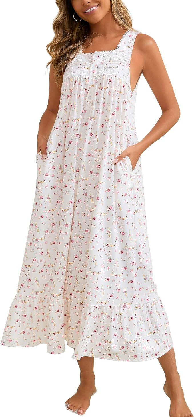 Women's Nightgown Cotton Victorian Nightdress Long Sleeveless Sleep Gown with 2 Pockets | Amazon (US)
