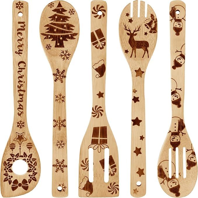 5 Pieces Christmas Wooden Spoons Set Burned Cooking Utensil Spoon Christmas Kitchen Decoration fo... | Amazon (US)