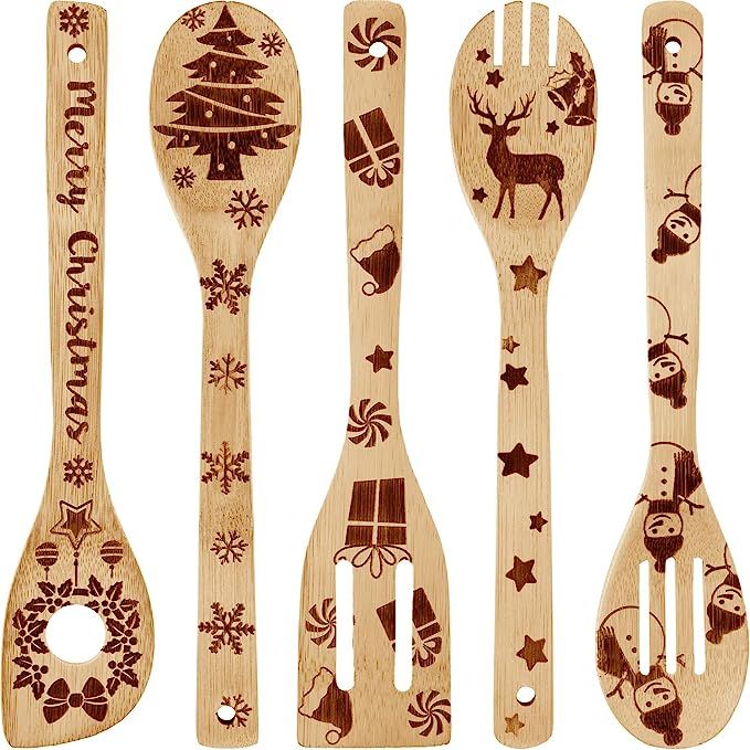 5 Pieces Christmas Wooden Spoons Set Burned Cooking Utensil Spoon Christmas Kitchen Decoration fo... | Amazon (US)