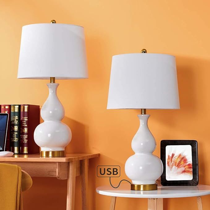 Maxax Ceramic Table Lamps - USB Nightstand Lamps Set of 2 White Bedside Lamp 3 Way Dimmable Desk ... | Amazon (US)