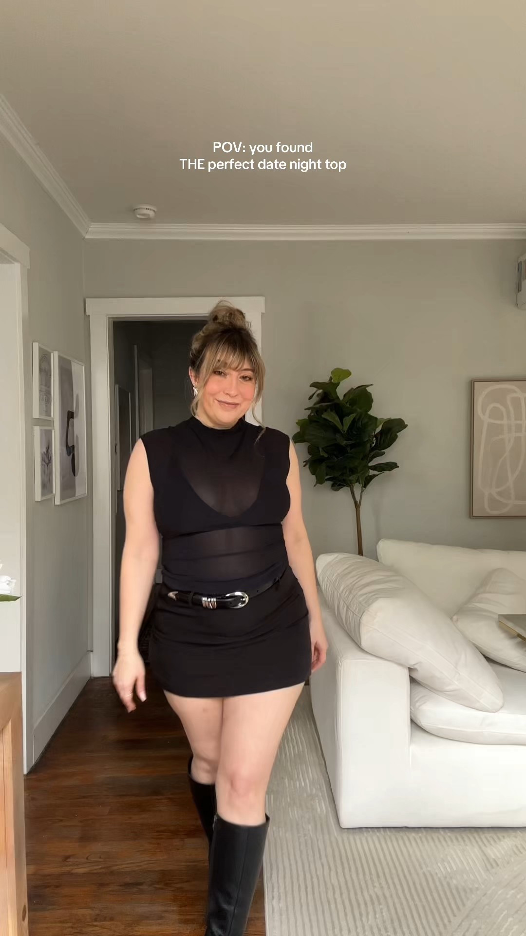 Love this sheer top paired with a mini skirt and boots for the perfect date night outfit idea - date night top