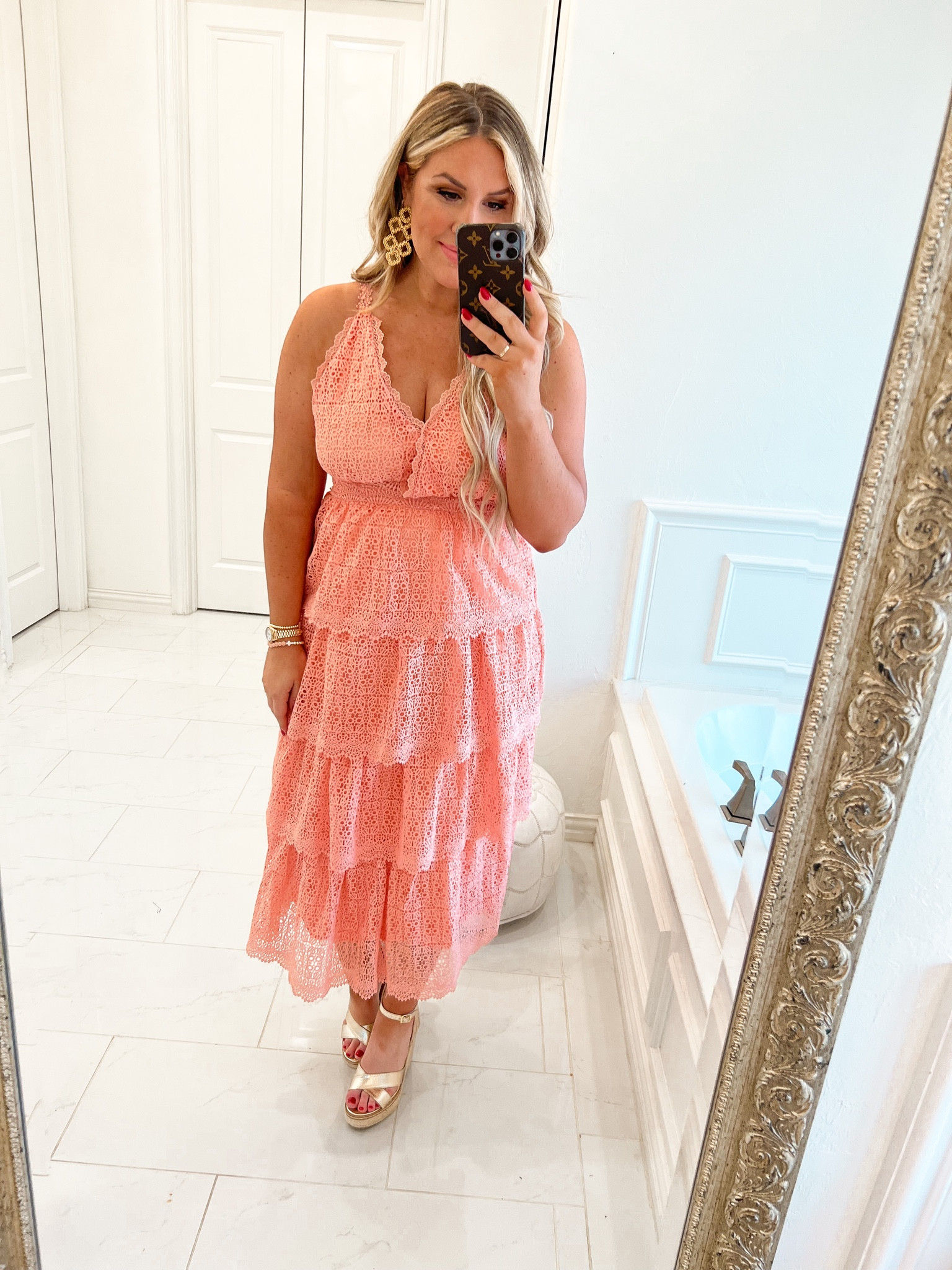 Wearing a medium 
Wedding guest dress
Midi 
Lace dress 
Easter dress
Feminine 

#LTKunder100 #LTKstyletip #LTKwedding