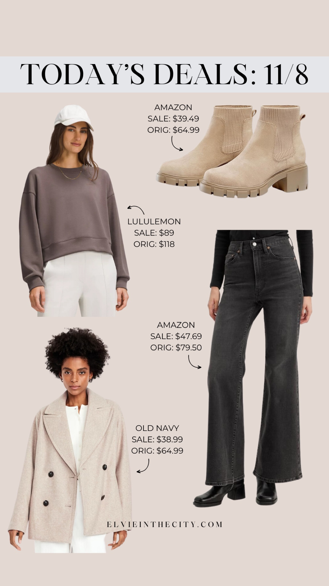 Today’s deals include a crewneck sweatshirt from Lululemon, Chelsea boots from Amazon, a double-breasted peacoat from Old Navy, and Levi’s jeans from Amazon.

Ootd, fall outfit, winter outfit, winter coat, fashion over 40, deal of the day

#LTKFindsUnder50 #LTKSaleAlert #LTKStyleTip
