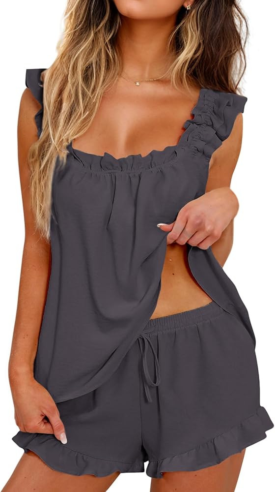 Womens Pajamas Set 2 Piece Ruffle Pj Soft Tank Top and Shorts Sleepwear Set Bridal Pajama for Wom... | Amazon (US)