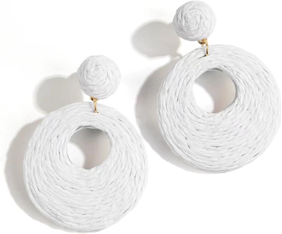 Statement Raffia Circle Earrings, Boho Rattan Earrings for Women - Handwoven Straw Round Earrings | Amazon (US)