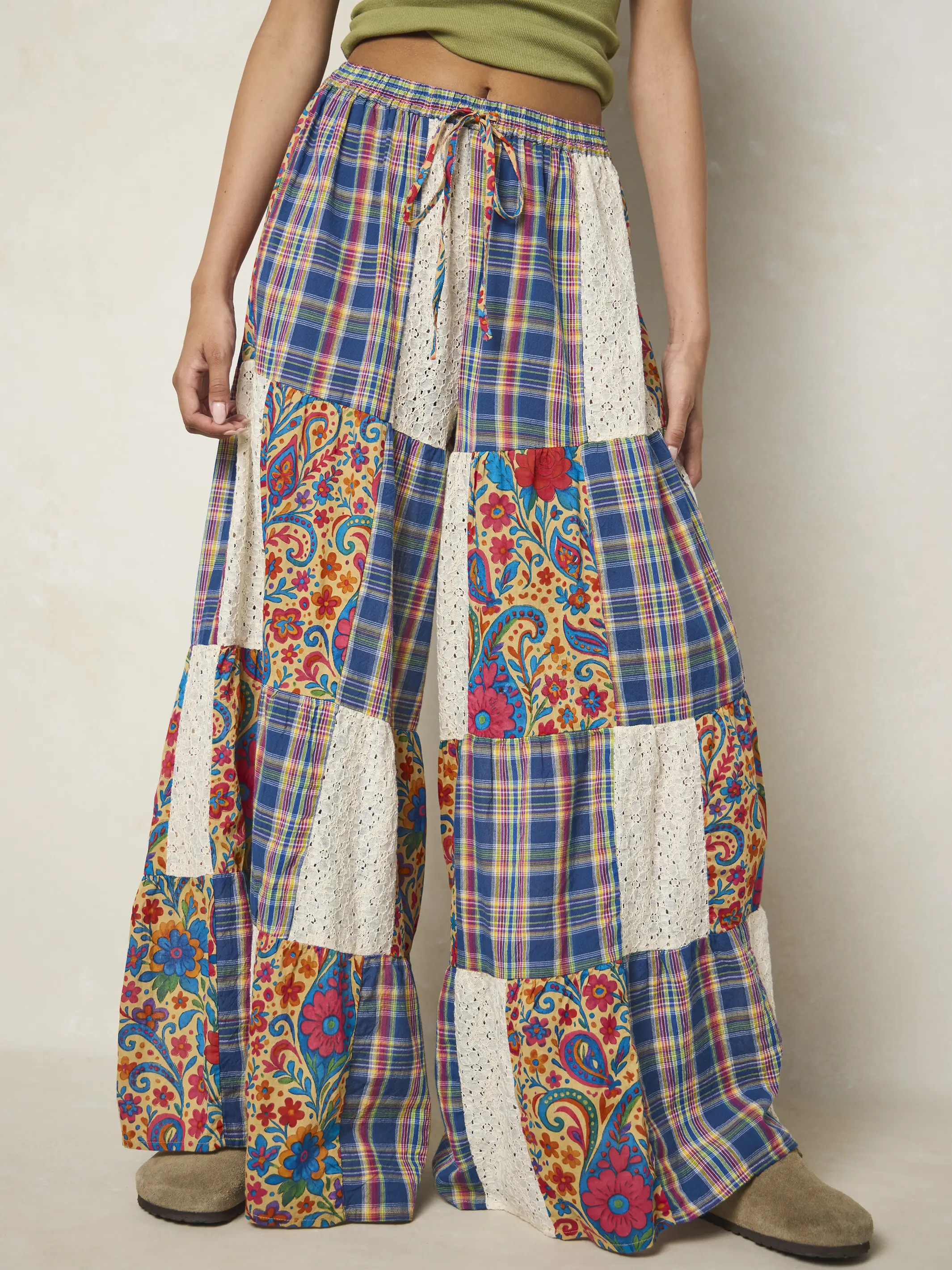 Patti Patchwork Palazzo Pants - Plaid Blue Fuchsia | Natural Life