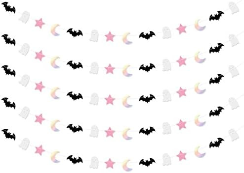 5 Pcs Halloween Moon Bat Ghost Star Garland Pink Black Halloween Garland for Pink and Black Kids'... | Amazon (US)