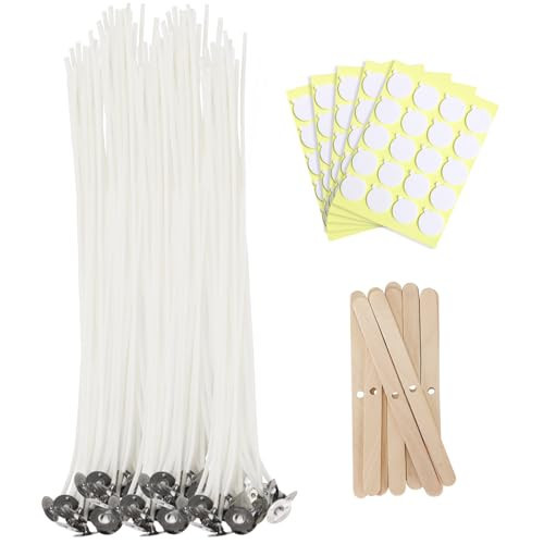 JEAWIWI Candle Wicks for Candle Making 12 in 100 Pcs with 100 Pcs Wick Stickers and 10 Pcs Candle Wick Holders, Cotton Wicks for Soy Wax, Beeswax, Coconut Wax | Amazon (US)