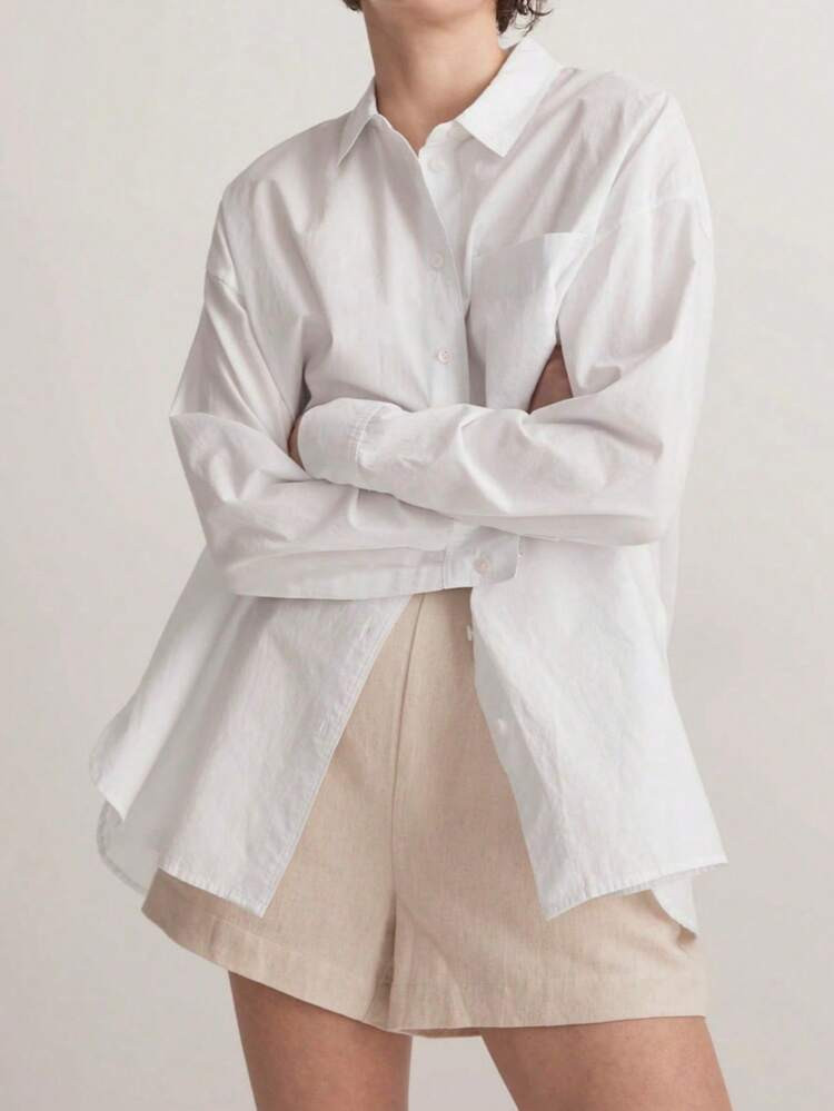 Women Classic-Fit Dress Shirts Long Sleeve Button Down Wrinkle-Free Solid Casual Work Office Blouse Top With Pocket | SHEIN