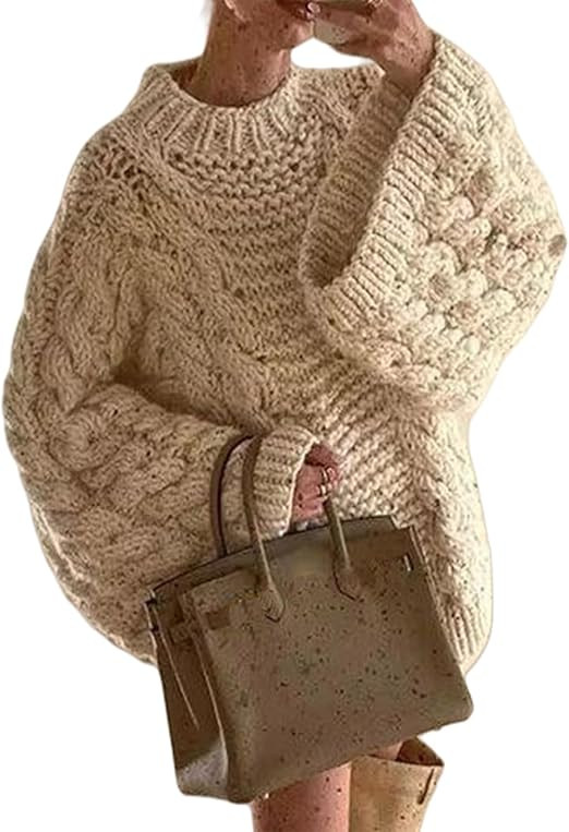 Tbahhir Women's Oversized Cable Knit Sweater Long Sleeve Chunky Pullover | Classic Pullover Tops,... | Amazon (US)