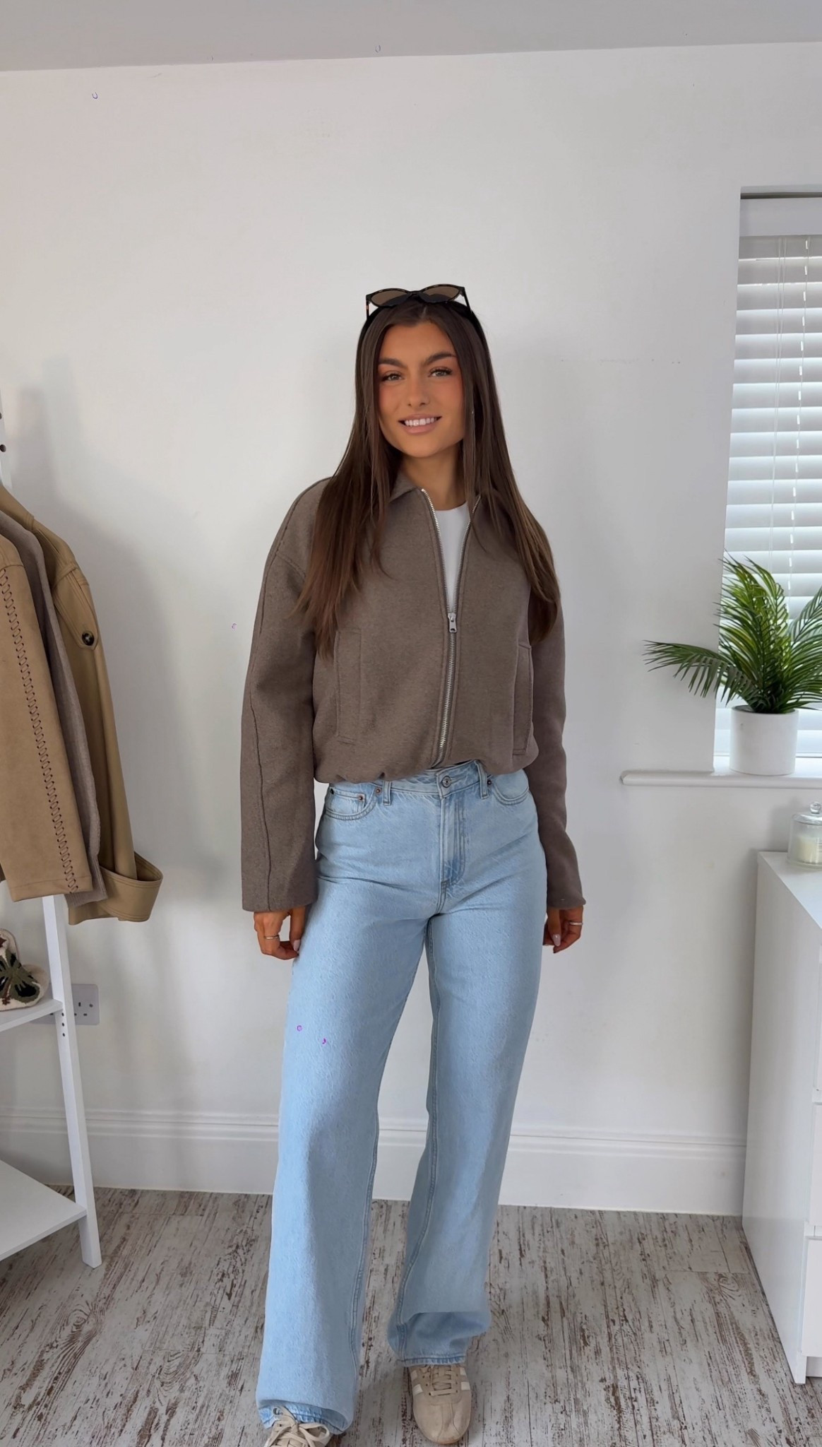 🤍 Spring every day ootd outfit light blue denim jeans Abercrombie bodycon short sleeve t-shirt bodysuit brown grey greige bomber jacket Tokyo adidas trainers sneakers beige 

#LTKootd #LTKSeasonal #LTKgrwm