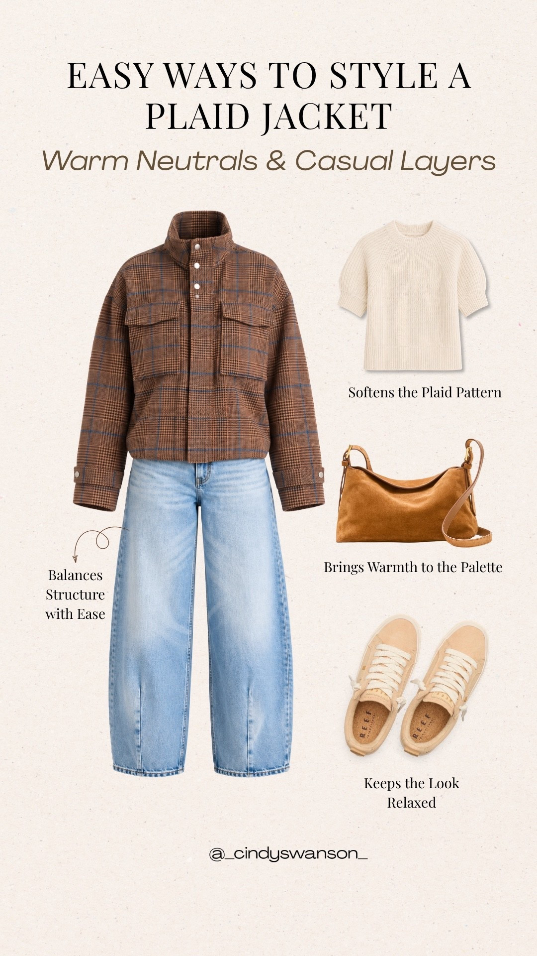 A plaid jacket is such a lovely way to add structure to an everyday outfit without making it feel too dressed up. I love how the warm brown and blue pattern pairs with a simple cream knit and relaxed light-wash jeans. Finish with a warm brown bag and neutral sneakers for an easy, polished look that works beautifully for everyday outings and casual weekends.