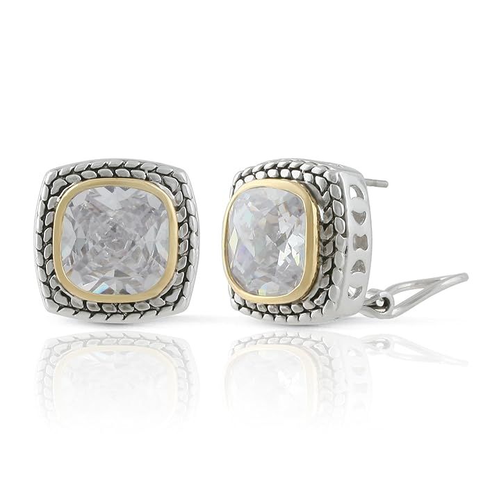 JanKuo Jewelry Two Tone Vintage Style Cubic Zirconia French Clip Earrings | Amazon (US)