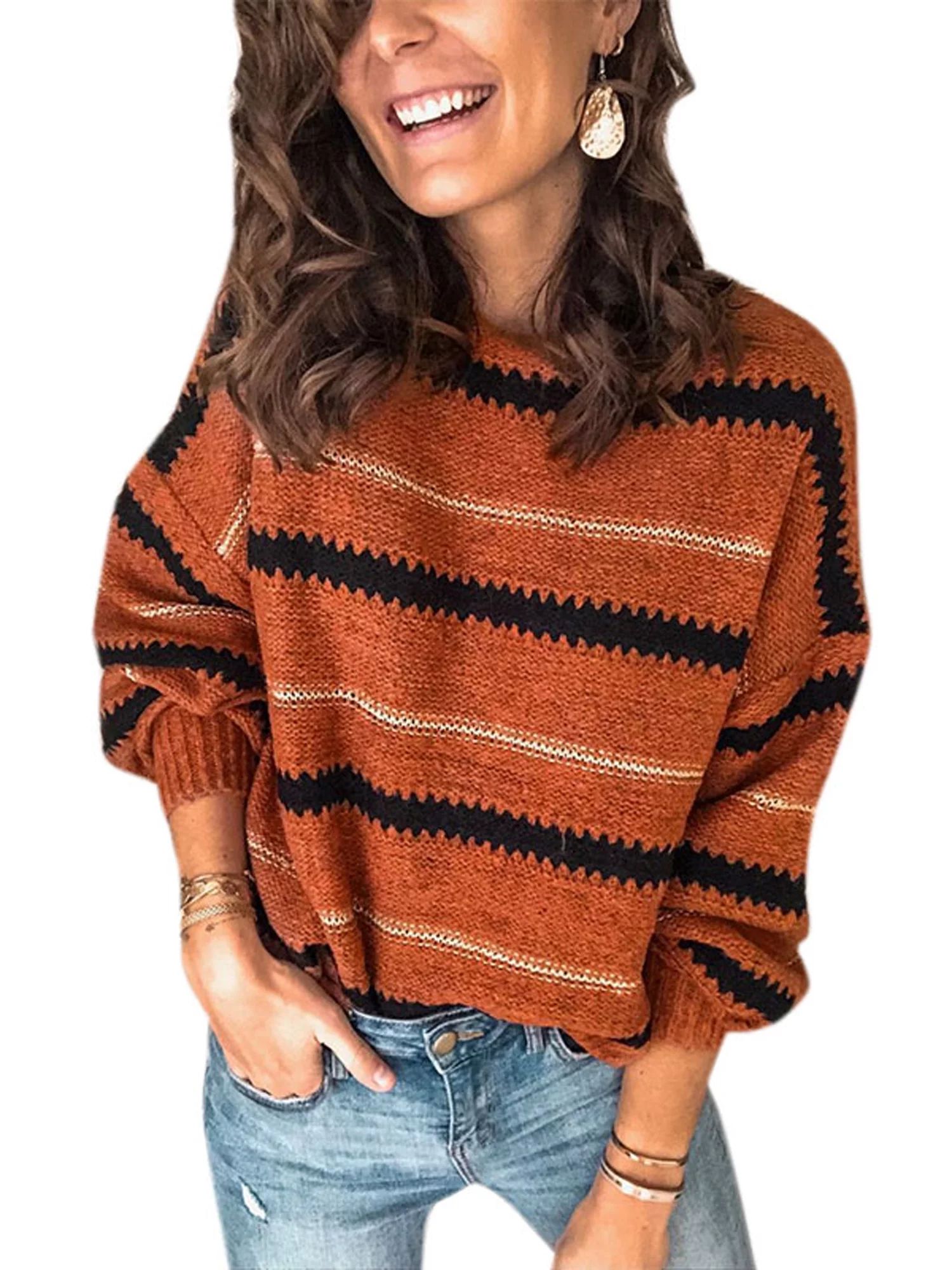Women's Striped Knitted Pullover Long Sleeve Loose Tops Work Jumper Sweaters | Walmart (US)