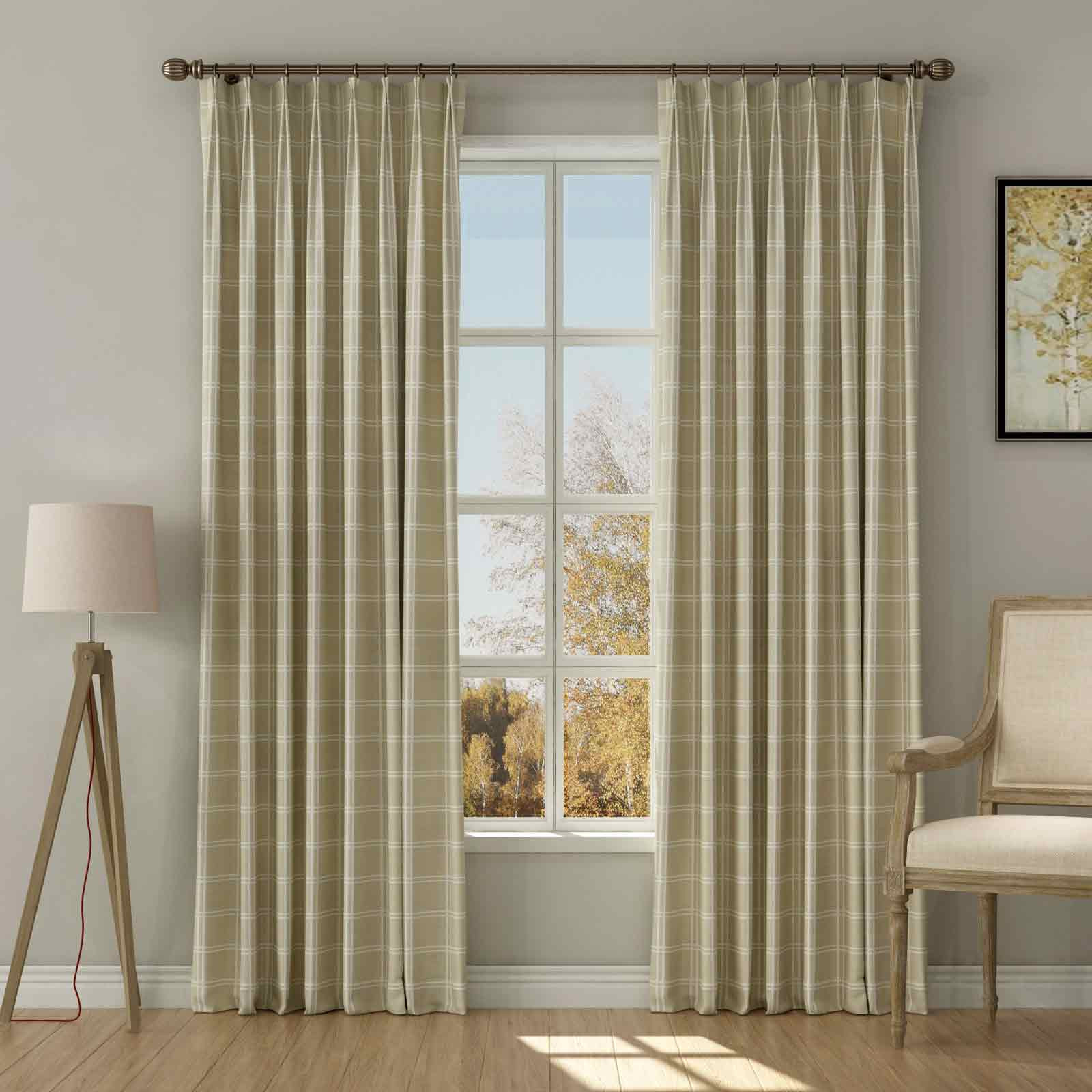 Stefana Silber Print Linen Blend Curtain Drapery Pleated - Double Windowpane khaki white DW40 | TWOPAGES