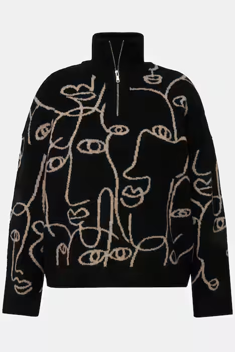 Troyer Collar Abstract Faces Sweater | Ulla Popken - US