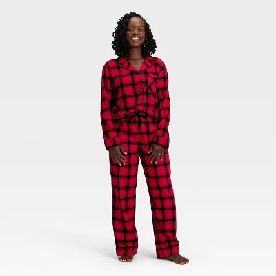 Women's Plaid Flannel Long Sleeve Shirt and Pants Holiday Matching Family Pajama Set - Wondershop™ Red/Black M | Target