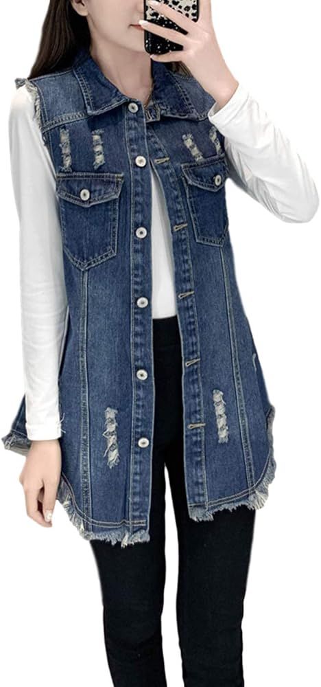Omoone Women's Retro Button Mid Long Denim Vest Sleeveless Jean Jacket Waistcoat | Amazon (US)