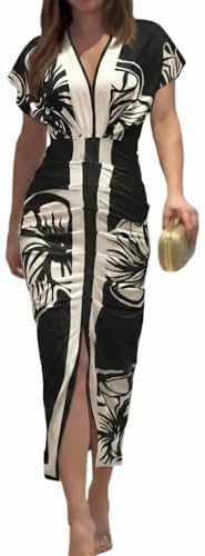 CHICME Summer Dresses for Women Floral Print Plunge V Neck Midi Dress Casual Ruched Slit Bodycon ... | Amazon (US)